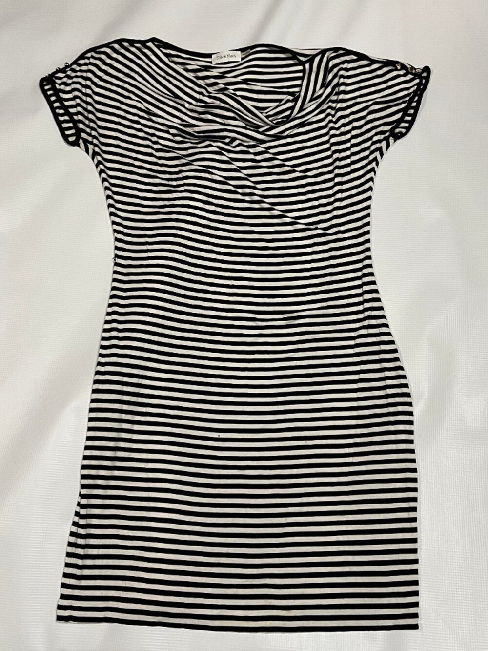 Calvin Klein Black and White Striped Cowl Neck Cap Sleeve Dress